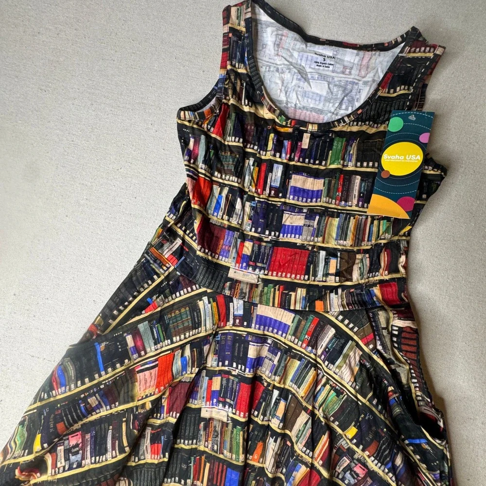 Svaha USA Women S Library Bookshelf Print Organic Cotton Pocket Dress Sleeveless